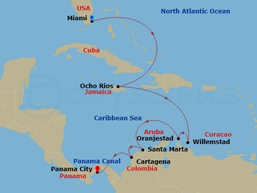 EXPLORA III - 10 Night - A Journey Through Enchanting Nature & the Marvels of the Panama Canal - EXPLORA III - Starting in Miami, Ocho Rios, Jamaica, Willemstad AN, Oranjes.. itinerary map