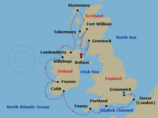 14 Night - British Isles & Ireland - Viking Astrea - Starting in London (Greenwich), Dover UK, Portland UK, Fowey, Cobh (Cork), Foynes (Limerick), Killybegs, Londonderry, Lewis and Harris (Stornoway), Scotland, Tobermory, Fort William, Glasgow (Greenock), Belfast itinerary map