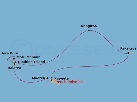 MS Paul Gauguin - 10 Night - Society Islands & the Tuamotus - MS Paul Gauguin - Starting in Papeete, Tahiti Island, Fakarava, Tuamotu Islands, Rangiroa, Tuamotu Islands, Huahin.. itinerary map
