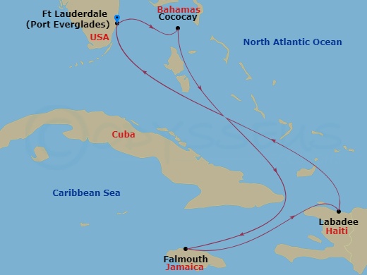 RCL Legend of the Seas - 6 Night - Western Carib & Perfect Day Holiday - RCL Legend of the Seas - Starting in Fort Lauderdale, Florida, Perfect Day Cococay, Bahamas, Falmouth, Jamaica.. itinerary map