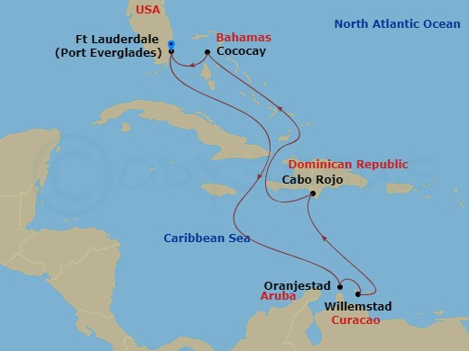 RCL Legend of the Seas - 8 Night - Southern Caribbean & Perfect Day - RCL Legend of the Seas - Starting in Fort Lauderdale, Florida, Oranjestad, Aruba, Willemstad AN, Curacao, Cabo Ro.. itinerary map