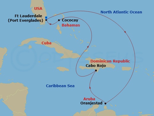 RCL Legend of the Seas - 8 Night - Southern Carib & Perfect Holiday - RCL Legend of the Seas - Starting in Fort Lauderdale, Florida, Oranjestad, Aruba, Cabo Rojo, Dominican Republic,.. itinerary map
