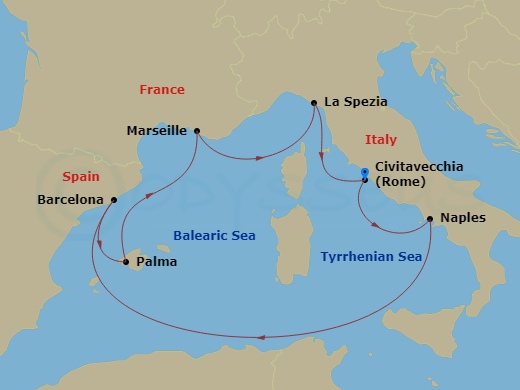RCL Legend of the Seas - 7 Night - Western Mediterranean Cruise - RCL Legend of the Seas - Starting in Rome (Civitavecchia), Italy, Naples, Italy, Barcelona, Spain, Palma De Mallorca,.. itinerary map