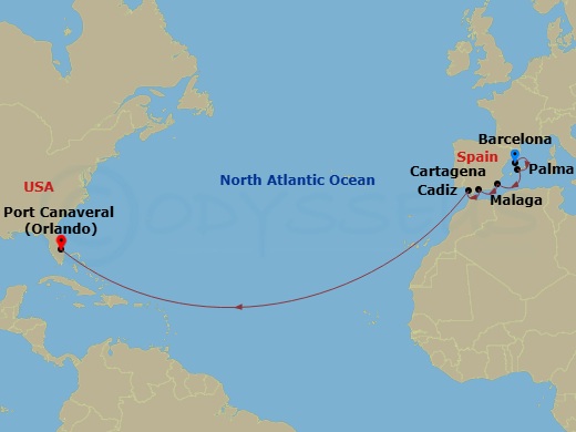 RCL Harmony of the Seas - 13 Night - Spain Transatlantic - RCL Harmony of the Seas - Starting in Barcelona, Spain, Palma De Mallorca, Spain, Cartagena ES, Malaga, Spain, Seville (Cadiz.. itinerary map