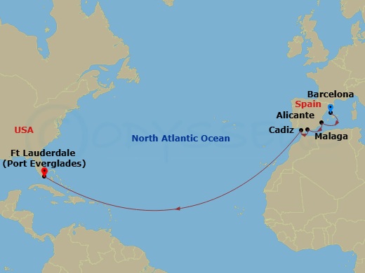 RCL Legend of the Seas - 13 Night - Spanish Transatlantic Cruise - RCL Legend of the Seas - Starting in Barcelona, Spain, Alicante, Spain, Malaga, Spain, Seville (Cadiz), Spain, Fort.. itinerary map