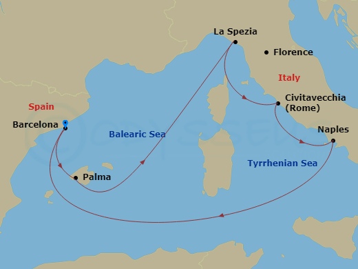 RCL Harmony of the Seas - 7 Night - Western Mediterranean Cruise - RCL Harmony of the Seas - Starting in Barcelona, Spain, Palma De Mallorca, Spain, Florence / Pisa (La Spezia), Italy,.. itinerary map