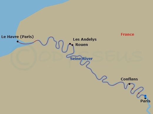MS Amadeus Diamond - 7 Night - La Belle France : Paris, Normandy and the River Seine - MS Amadeus Diamond - Starting in Paris, Conflans, Rouen, Le Havre, Les Andelys, Paris itinerary map