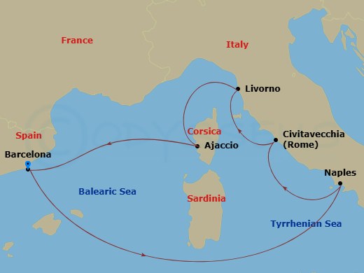 Disney Dream - 7 Night - Mediterranean Cruise from Barcelona - Disney Dream - Starting in Barcelona, Naples, Civitavecchia, Livorno, Ajaccio, Barcelona itinerary map