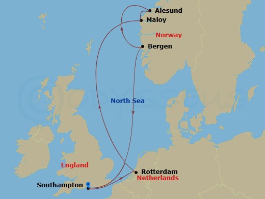 Disney Dream - 7 Night - Norwegian Fjords Cruise from Southampton - Disney Dream - Starting in Southampton, Rotterdam (Amsterdam), Maloy, Alesund, Bergen, Southampton itinerary map