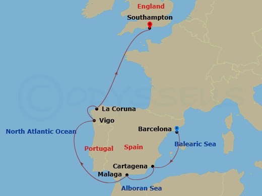 Disney Dream - 7 Night - Western Europe Cruise from Barcelona Ending in Southampton - Disney Dream - Starting in Barcelona, Cartagena ES, Malaga, Vigo, La Coruna, Southampton itinerary map