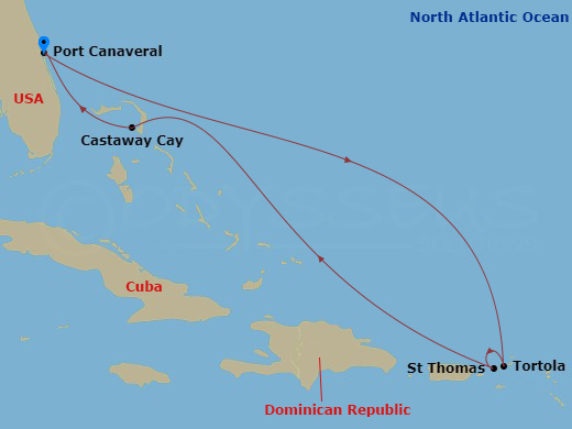 Disney Treasure - 7 Night - Eastern Caribbean Cruise from Port Canaveral - Disney Treasure - Starting in Port Canaveral, Tortola, St Thomas, US Virgin Islands, Castaway Cay, Po.. itinerary map