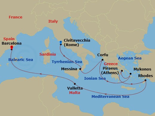 Disney Dream - 12 Night - Mediterranean with Greek Isles Cruise from Civitavecchia Ending in Barcelona - Disney Dream - Starting in Civitavecchia, Messina, Corfu, Mykonos, P.. itinerary map