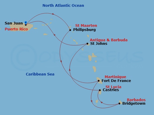 Valiant Lady - 7 Night - Valiant New Year's Ahoy! - Valiant Lady - Starting in San Juan, Puerto Rico, Philipsburg, Sint Maarten, Fort-De-France, Martinique, Bridgetown, Barb.. itinerary map