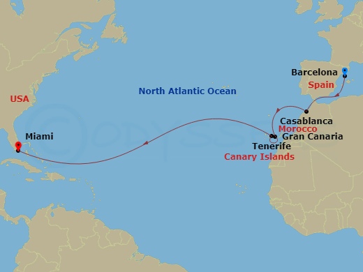 Scarlet Lady - 14 Night - Spanish Isles & Transatlantic Miles - Scarlet Lady - Starting in Barcelona, Spain, Casablanca, Morocco, Gran Canaria, Las Palmas, Spain, Santa Cruz.. itinerary map