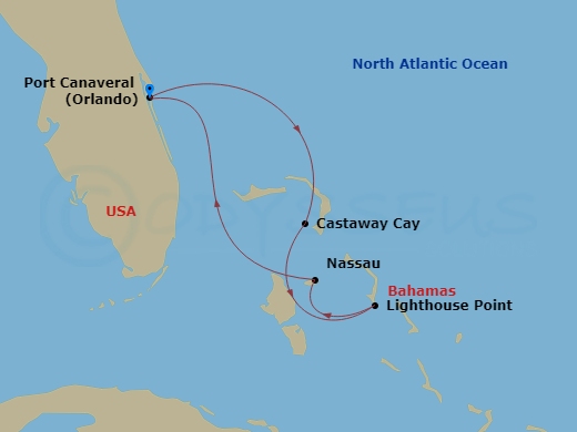 Disney Fantasy - 5 Night - Bahamian Cruise from Port Canaveral - Disney Fantasy - Starting in Port Canaveral, Castaway Cay, Disney Lookout Cay, Nassau, Port Canaveral itinerary map