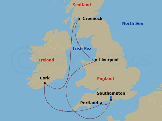 Disney Dream - 7 Night - British Isles from Southampton - Disney Dream - Starting in Southampton, Liverpool, Greenock, Cobh (Cork), Ireland, Portland UK, Southampton itinerary map