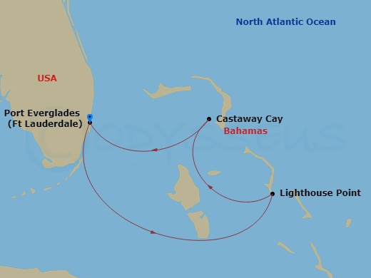 Disney Destiny - 4 Night - Bahamian Cruise from Fort Lauderdale - Disney Destiny - Starting in Port Everglades, Disney Lookout Cay, Castaway Cay, Port Everglades itinerary map