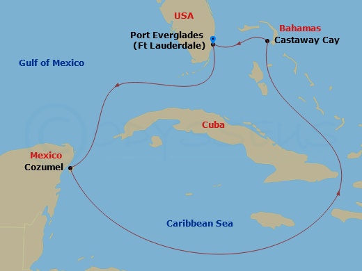 Disney Destiny - 5 Night - Western Caribbean Cruise from Fort Lauderdale - Disney Destiny - Starting in Port Everglades, Cozumel, Mexico, Castaway Cay, Port Everglades itinerary map