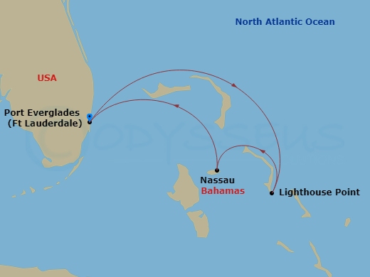 Disney Destiny - 3 Night - Halloween On the High Seas Bahamian Cruise from Fort Lauderdale - Disney Destiny - Starting in Port Everglades, Disney Lookout Cay, Nassau, Port Eve.. itinerary map