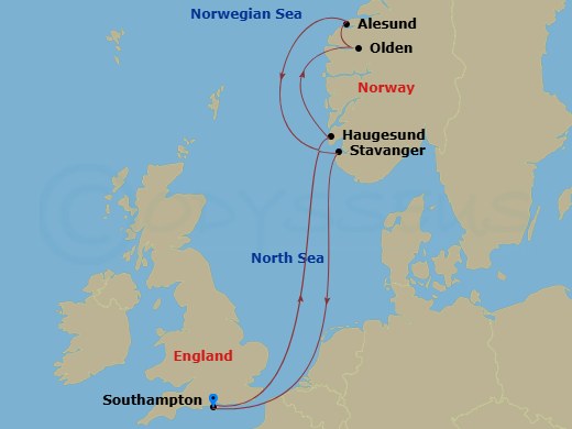Disney Dream - 7 Night - Norwegian Fjords Cruise from Southampton - Disney Dream - Starting in Southampton, Haugesund, Olden, Alesund, Stavanger, Southampton itinerary map
