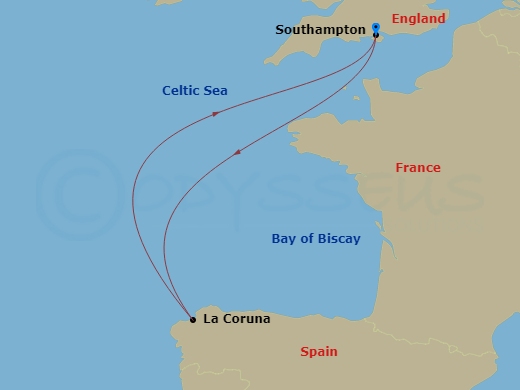 Disney Dream - 4 Night - Spain Cruise from Southampton - Disney Dream - Starting in Southampton, La Coruna, Southampton itinerary map