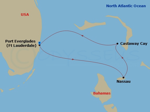 Disney Destiny - 4 Night - Bahamian Cruise from Fort Lauderdale - Disney Destiny - Starting in Port Everglades, Nassau, Castaway Cay, Port Everglades itinerary map