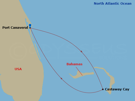 Disney Wish - 3 Night - Very Merrytime Bahamian Cruise from Port Canaveral - Disney Wish - Starting in Port Canaveral, Castaway Cay, Port Canaveral itinerary map