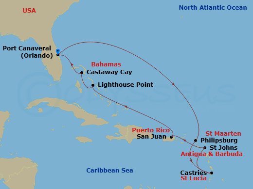Disney Fantasy - 10 Night - Southern Caribbean Cruise from Port Canaveral - Disney Fantasy - Starting in Port Canaveral, Philipsburg, St Maarten, St Lucia, Antigua, San Juan,.. itinerary map