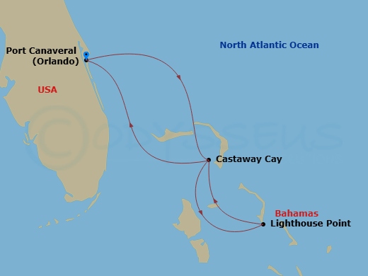 Disney Fantasy - 5 Night - Bahamian Cruise from Port Canaveral with 2 Stops at Castaway Cay - Disney Fantasy - Starting in Port Canaveral, Castaway Cay, Disney Lookout Cay, Ca.. itinerary map