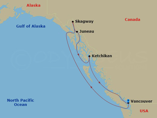 Disney Wonder - 7 Night - Alaska Cruise from Vancouver - Disney Wonder - Starting in Vancouver, Glacier Viewing, Skagway, Juneau, Ketchikan, Vancouver itinerary map