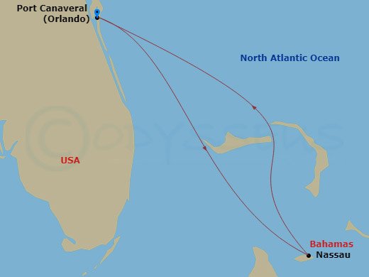 Disney Fantasy - 4 Night - Bahamian Cruise from Port Canaveral - Disney Fantasy - Starting in Port Canaveral, Nassau, Disney Lookout Cay, Port Canaveral itinerary map