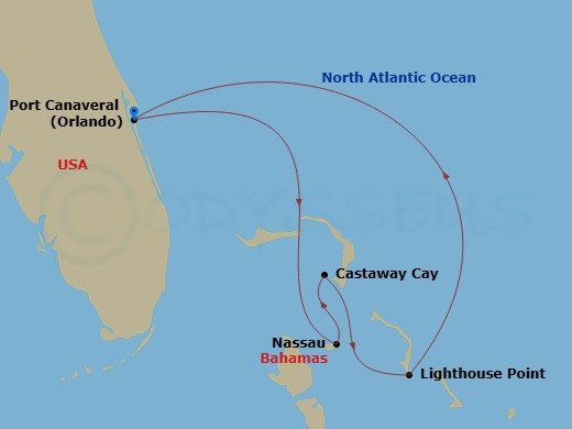 Disney Fantasy - 5 Night - Bahamian Cruise from Port Canaveral - Disney Fantasy - Starting in Port Canaveral, Nassau, Castaway Cay, Disney Lookout Cay, Port Canaveral itinerary map