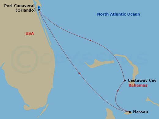 Disney Fantasy - 3 Night - Bahamian Cruise from Port Canaveral - Disney Fantasy - Starting in Port Canaveral, Nassau, Castaway Cay, Port Canaveral itinerary map