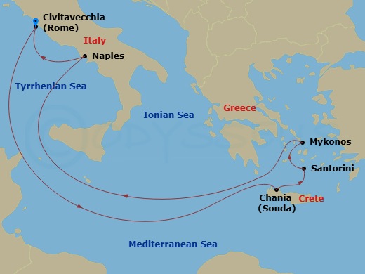 Disney Dream - 7 Night - Mediterranean with Greek Isles Cruise from Civitavecchia - Disney Dream - Starting in Civitavecchia, Chania, Santorini, Mykonos, Naples, Civitavecchia itinerary map