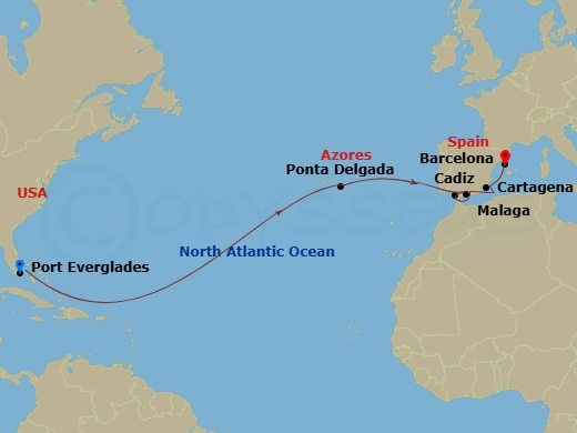 Disney Dream - 14 Night - 14-Eastbound Transatlantic from Fort Lauderdale Ending in Barcelona - Disney Dream - Starting in Port Everglades, Ponta Delgada, Cadiz, Malaga, Car.. itinerary map