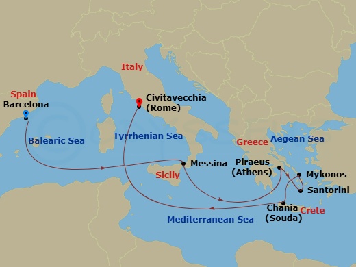Disney Dream - 9 Night - Mediterranean with Greek Isles Cruise from Barcelona Ending in Civitavecchia - Disney Dream - Starting in Barcelona, Messina, Piraeus, Santorini, My.. itinerary map