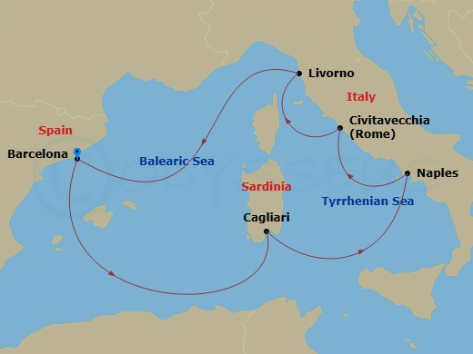 Disney Dream - 7 Night - Mediterranean Cruise from Barcelona - Disney Dream - Starting in Barcelona, Cagliari, Naples, Civitavecchia, Livorno, Barcelona itinerary map
