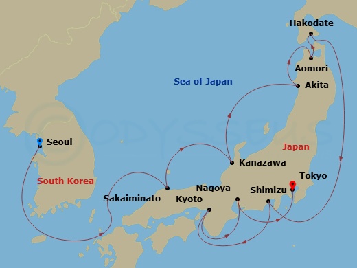NCL Norwegian Jade Cruise Tours - 14 Night - Pre Cruisetour Incheon - NCL Norwegian Jade Cruise Tours - Starting in At Hotel, Seoul (Incheon), South Korea, Sakaiminato, Japan, Kanazawa, Japan,.. itinerary map