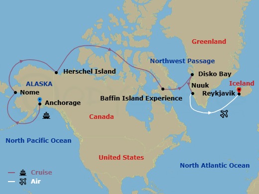 23 Night - Northwest Passage : Greenland to Alaska - National Geographic Resolution Tours - Starting in Anchorage, Alaska, Anchorage, Alaska / Nome, Herschel Island, Yukon Territory, Northwest Passage, East Baffin Island, Nunavut, Canada, Disko Bay and Ilulissat, Greenland, Greenlands West Coast and Sisimiut, Nuuk / Disembark Ship / Reykjavik, Iceland, Reykjavik itinerary map