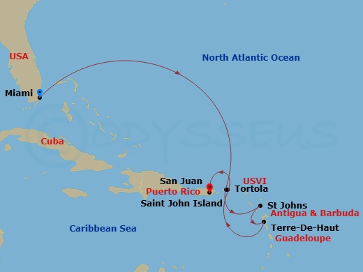 EXPLORA III - 7 Night - A Journey from Glorious Shorelines to Nature's Allure - EXPLORA III - Starting in Miami, St John VI (Cruz Bay), US Virgin Islands, St Johns AG, Anti.. itinerary map