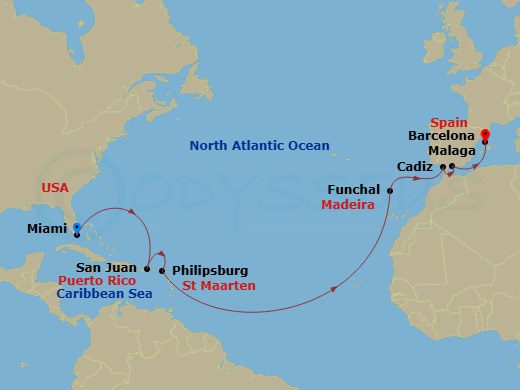 EXPLORA I - 16 Night - A Grand Journey from Atlantic Exploration to Mediterranean Delights - EXPLORA I - Starting in Miami, San Juan, St Maarten / Philipsburg, Funchal (M.. itinerary map