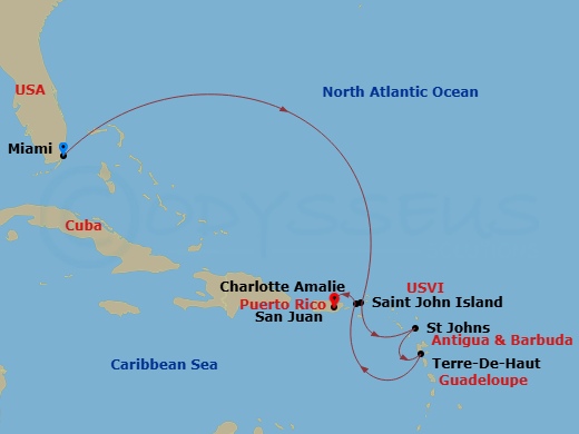 EXPLORA III - 7 Night - A Journey from Glorious Shorelines to Nature's Allure - EXPLORA III - Starting in Miami, St John VI (Cruz Bay), US Virgin Islands, St Johns AG, Anti.. itinerary map