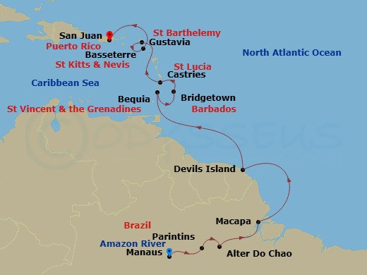 EXPLORA I - 12 Night - A Journey from Amazon Adventures to Caribbean Charms - EXPLORA I - Starting in Manaus, Parintins, Alter Do Chao, Macapa, Devils Island, Bequia, Bri.. itinerary map