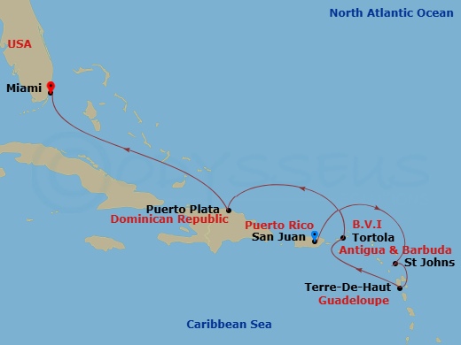 EXPLORA III - 7 Night - A Journey Through Captivating Caribbean Culture & Sunlit Shores - EXPLORA III - Starting in San Juan, Charlotte Amalie (Saint Thomas), St Johns AG,.. itinerary map