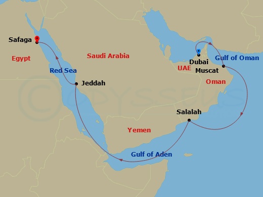 EXPLORA II - 11 Night - A Journey from Desert Beauty to Aromatic Souks & Ancient Temples - EXPLORA II - Starting in Dubai, Muscat, Salalah, Jeddah, Luxor (Safaga) itinerary map