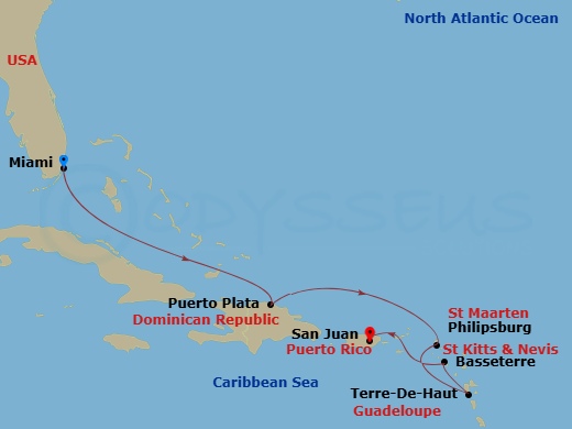 EXPLORA I - 7 Night - A Journey Through Stunning Scenery & Charming Caribbean Culture - EXPLORA I - Starting in Miami, Puerto Plata, Dominican Republic, St Maarten / Phil.. itinerary map