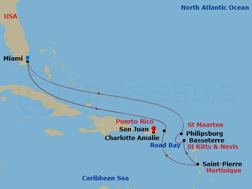 EXPLORA III - 8 Night - A Journey of Sunny Shores & Caribbean Island Bliss - EXPLORA III - Starting in Miami, Charlotte Amalie (Saint Thomas), Road Bay, Saint-Pierre, Basse.. itinerary map