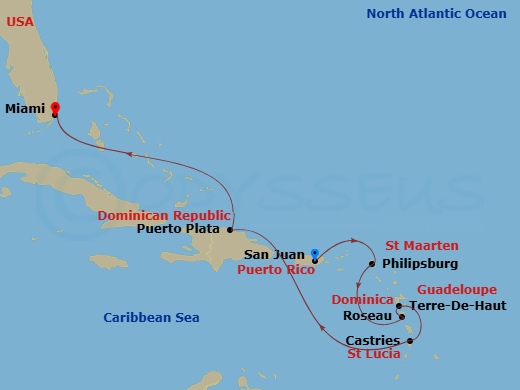 EXPLORA III - 8 Night - A Journey of Lively Caribbean Culture & Stunning Beaches - EXPLORA III - Starting in San Juan, St Maarten / Philipsburg, Terre-De-Haut, St Georges,.. itinerary map