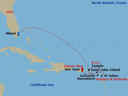 EXPLORA III - 8 Night - A Journey of Tranquil Tropical Beauty & Rainforest Adventures - EXPLORA III - Starting in Miami, St John VI (Cruz Bay), US Virgin Islands, Gustavia,.. itinerary map
