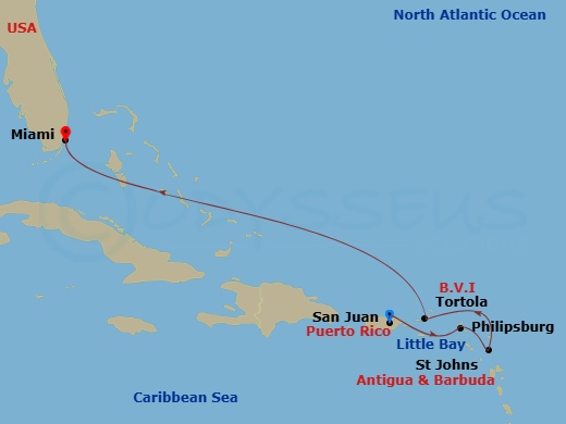 EXPLORA I - 7 Night - A Journey of Caribbean Delicacies & Idyllic Islands - EXPLORA I - Starting in San Juan, St Maarten / Philipsburg, St Johns AG, Antigua, Little Bay,.. itinerary map